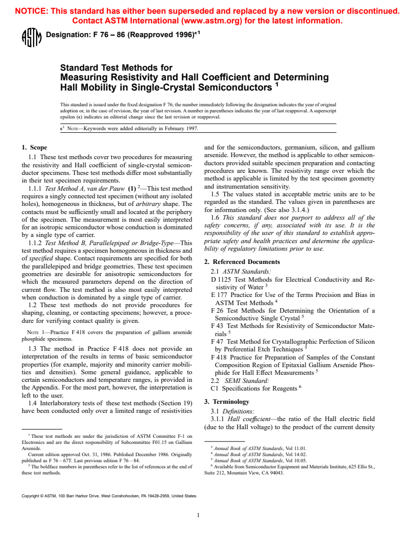 ASTM F76-86(1996)e1 - Standard Test Methods for Measuring Resistivity and Hall Coefficient and Determining Hall Mobility in Single-Crystal Semiconductors