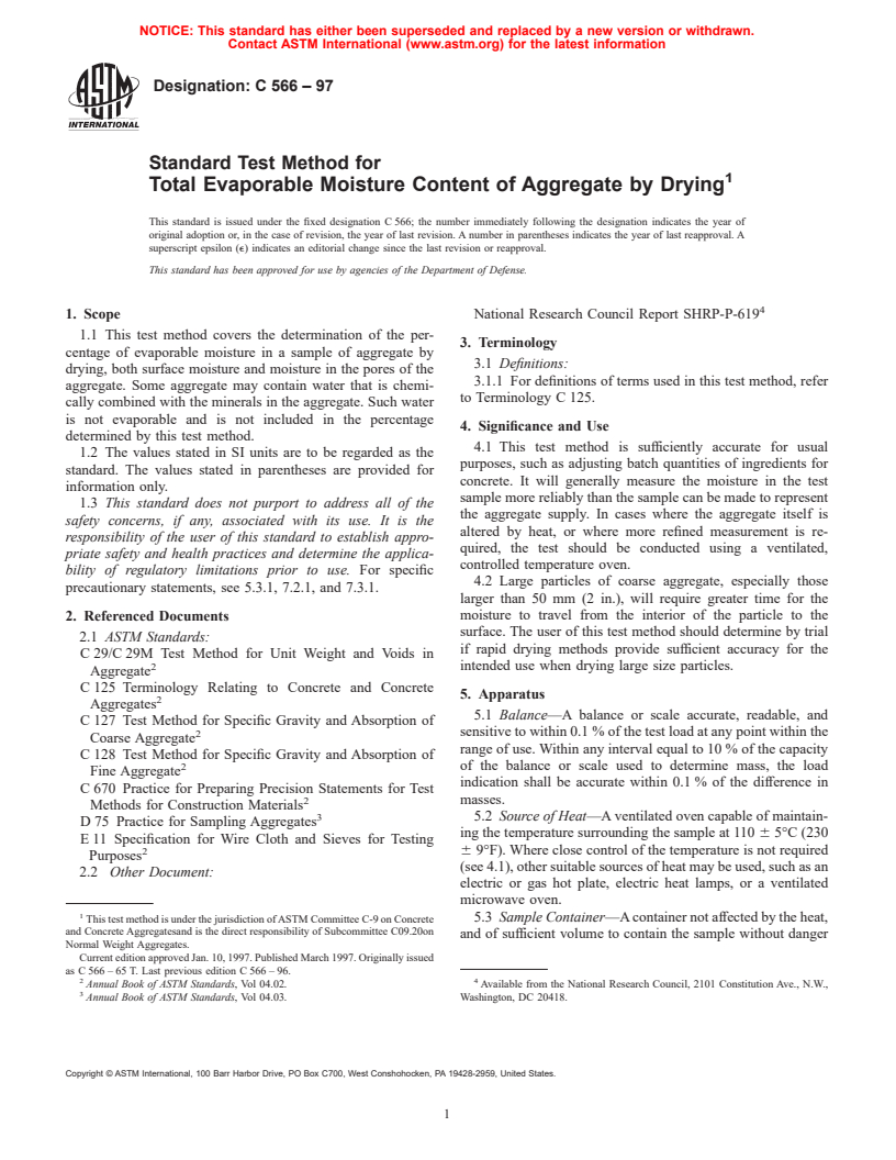 ASTM C566-97 - Standard Test Method for Total Evaporable Moisture Content of Aggregate by Drying