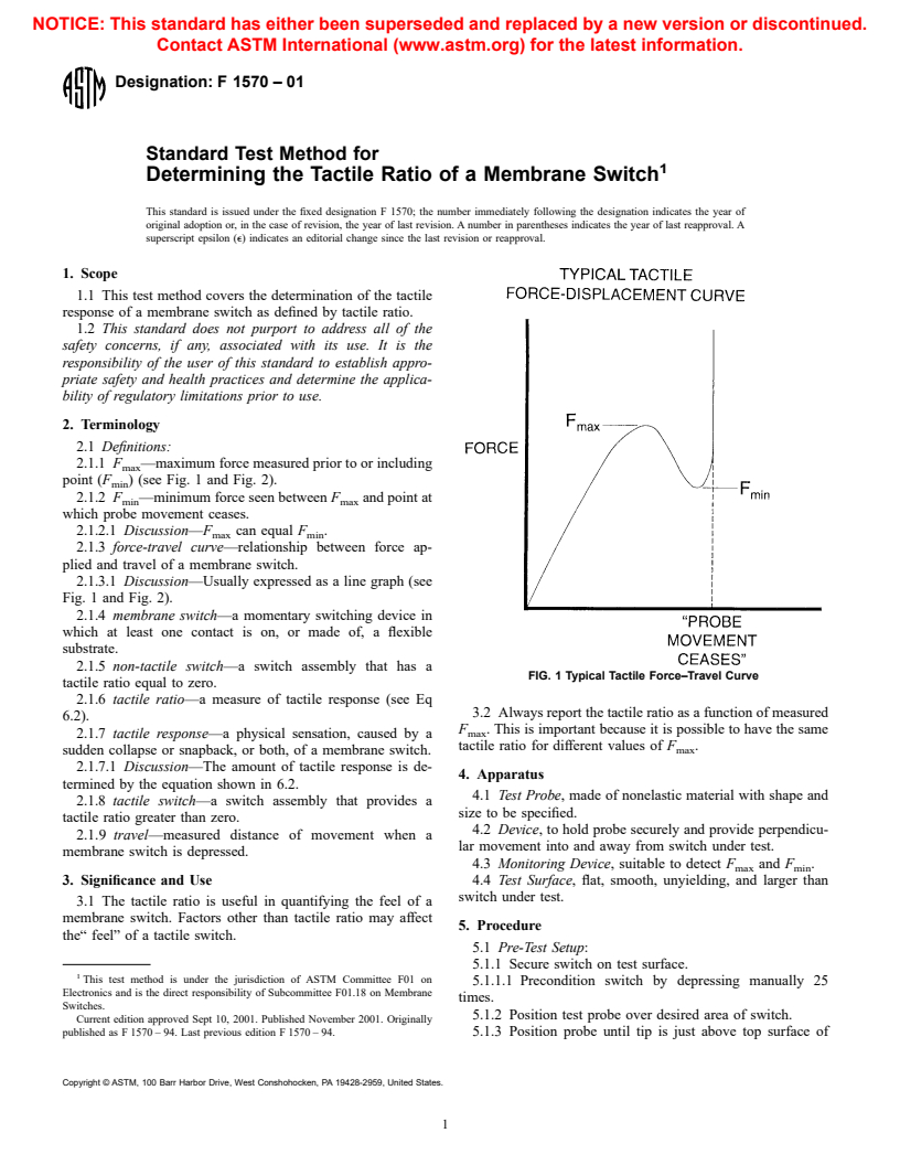 ASTM F1570-01 - Standard Test Method for Determining the Tactile Ratio of a Membrane Switch