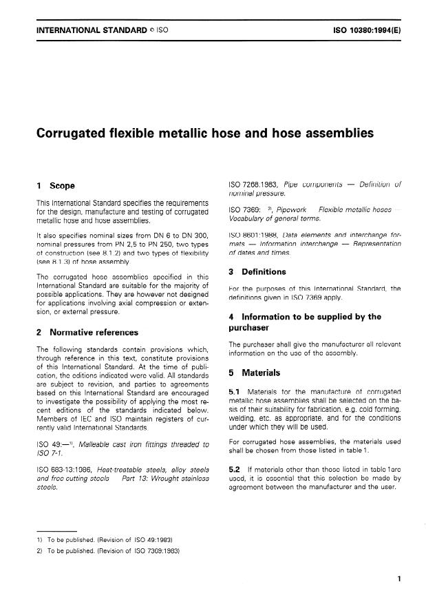 ISO 10380:1994 - Corrugated flexible metallic hose and hose assemblies