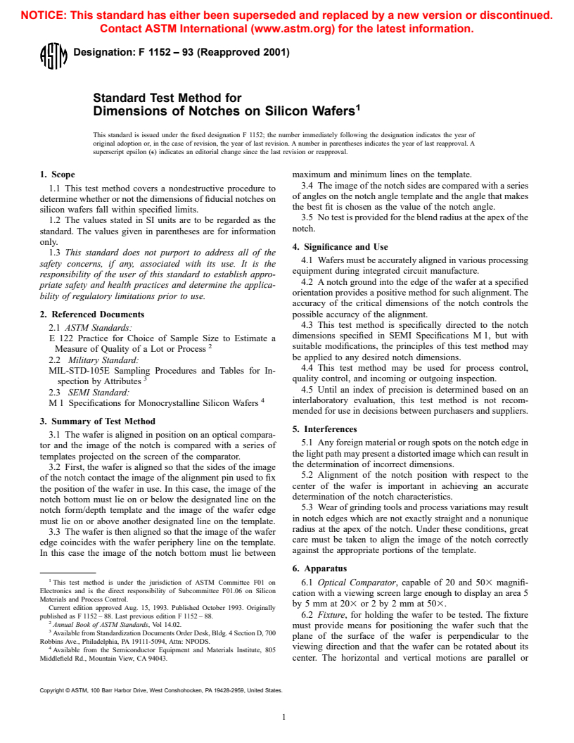 ASTM F1152-93(2001) - Standard Test Method for Dimensions of Notches on Silicon Wafers