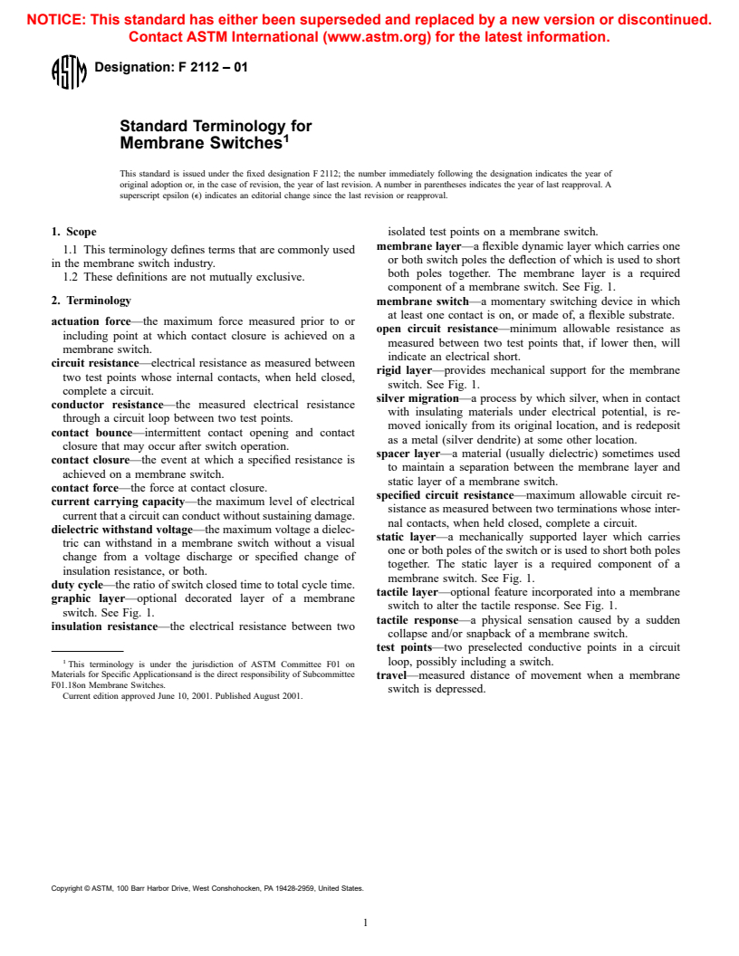 ASTM F2112-01 - Standard Terminology for Membrane Switches