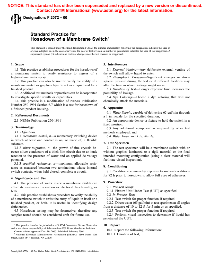 ASTM F2072-00 - Standard Practice for Hosedown of a Membrane Switch