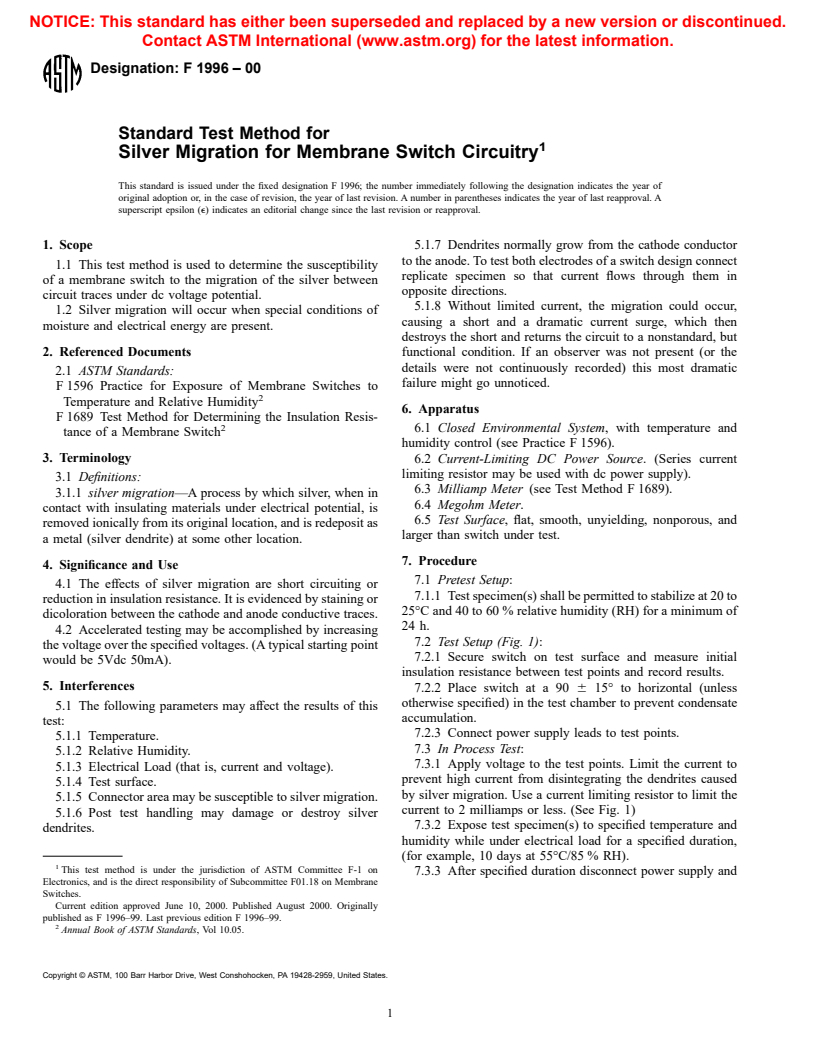 ASTM F1996-00 - Standard Test Method for Silver Migration for Membrane Switch Circuitry