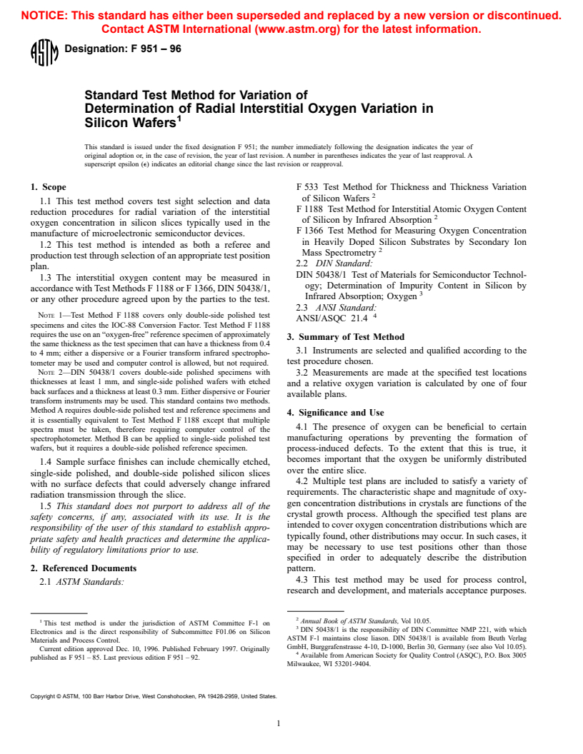 ASTM F951-96 - Standard Test Method for Determination of Radial Interstitial Oxygen Variation in Silicon Wafers