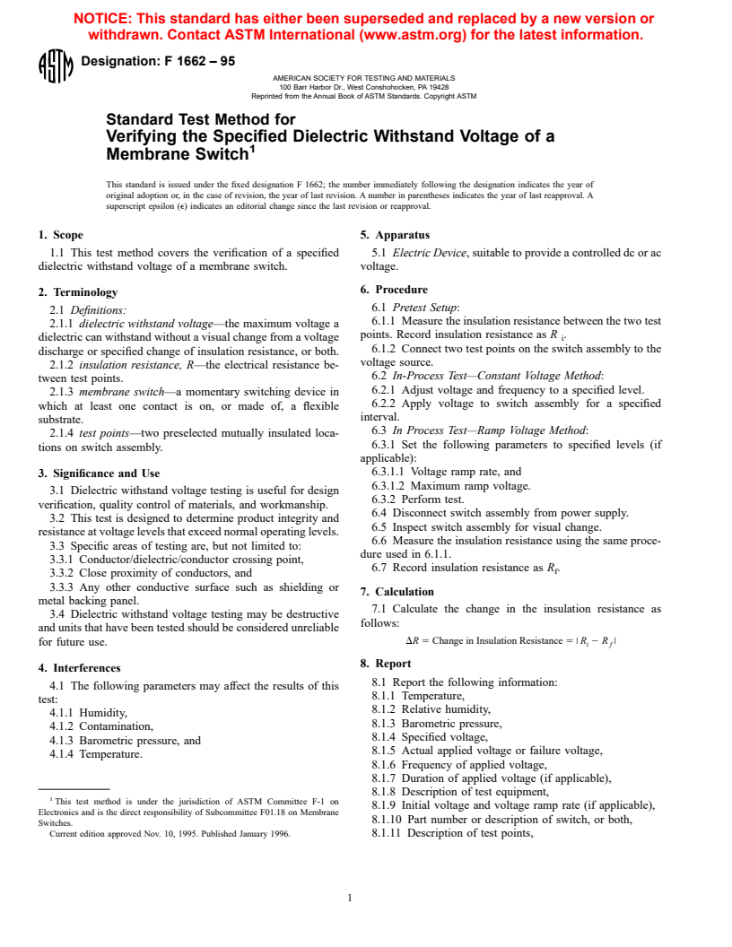 ASTM F1662-95 - Standard Test Method for Verifying the Specified Dielectric Withstand Voltage of a Member Switch