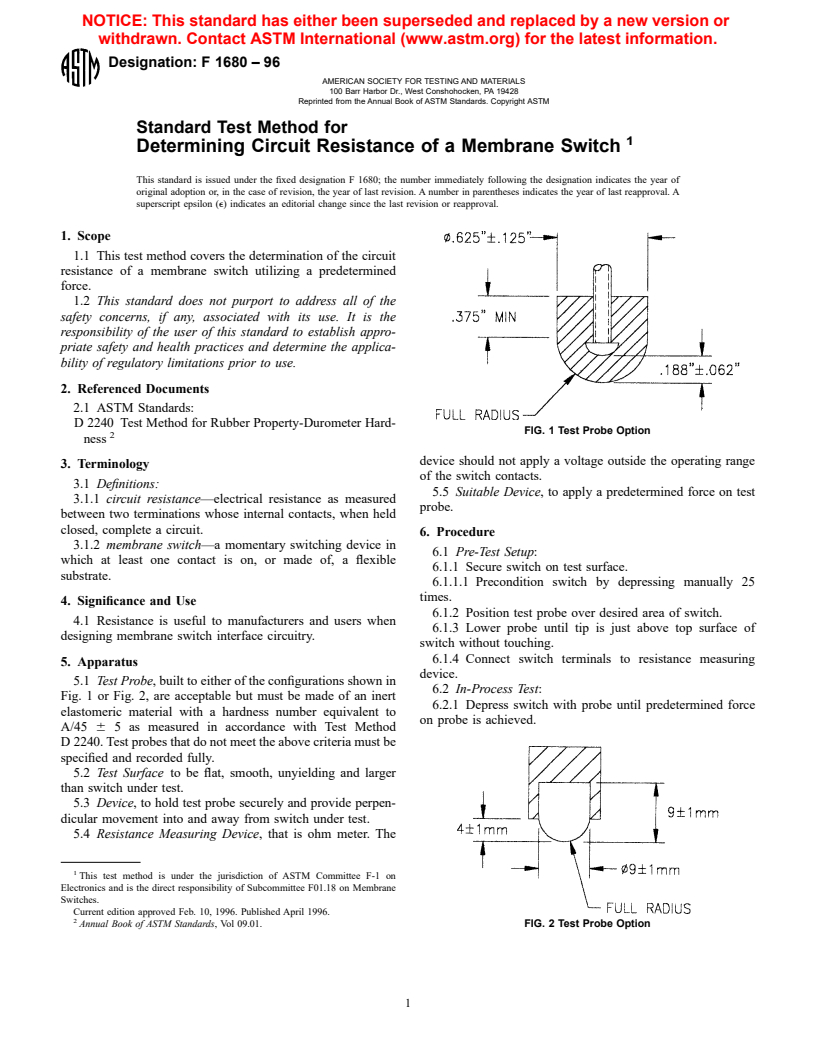 ASTM F1680-96 - Standard Test Method for Determining Circuit Resistance of a Membrane Switch