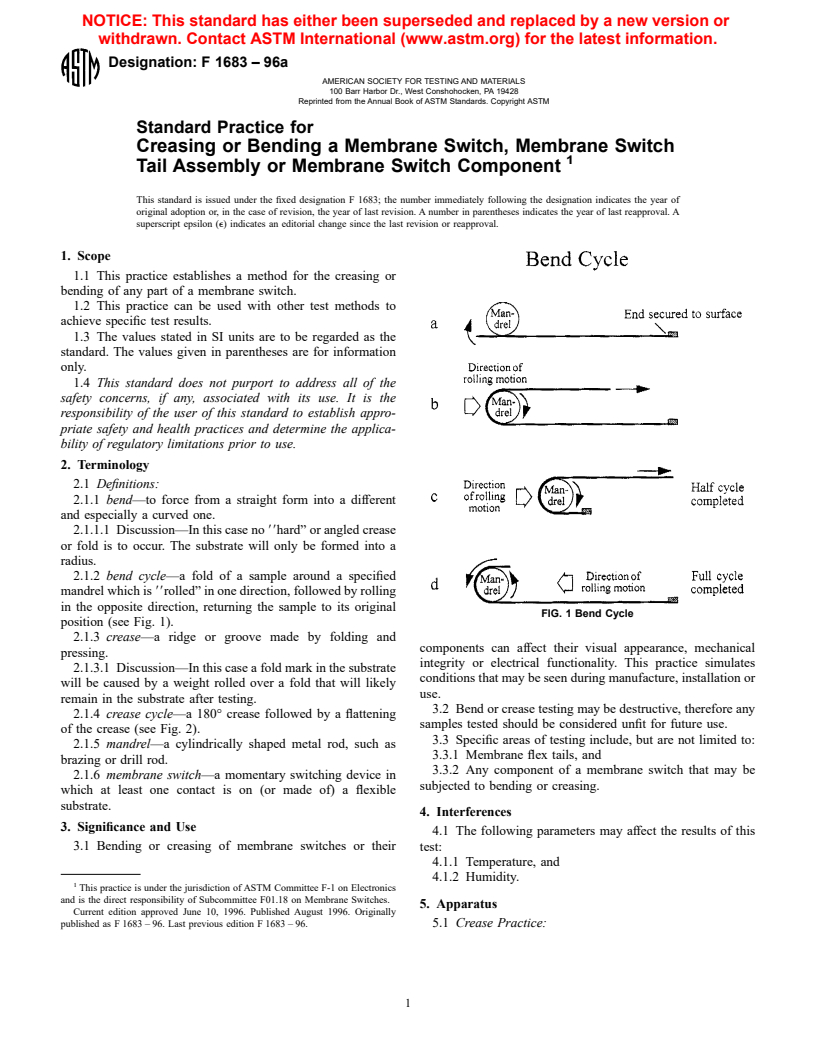 ASTM F1683-96a - Standard Practice for Creasing or Bending a Membrane Switch, Membrane Switch Tail Assembly or Membrane Switch Component