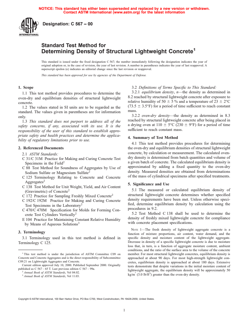 ASTM C567-00 - Standard Test Method for Determining Density of Structural Lightweight Concrete