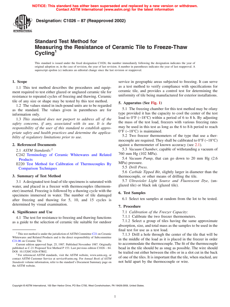 ASTM C1026-87(2002) - Standard Test Method for Measuring the Resistance of Ceramic Tile to Freeze-Thaw Cycling