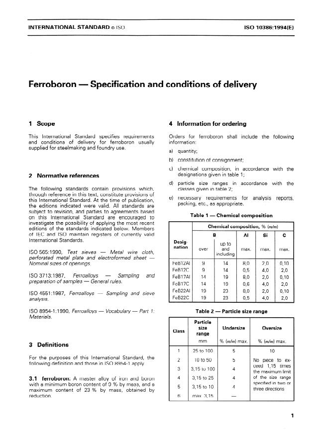 ISO 10386:1994 - Ferroboron -- Specification and conditions of delivery