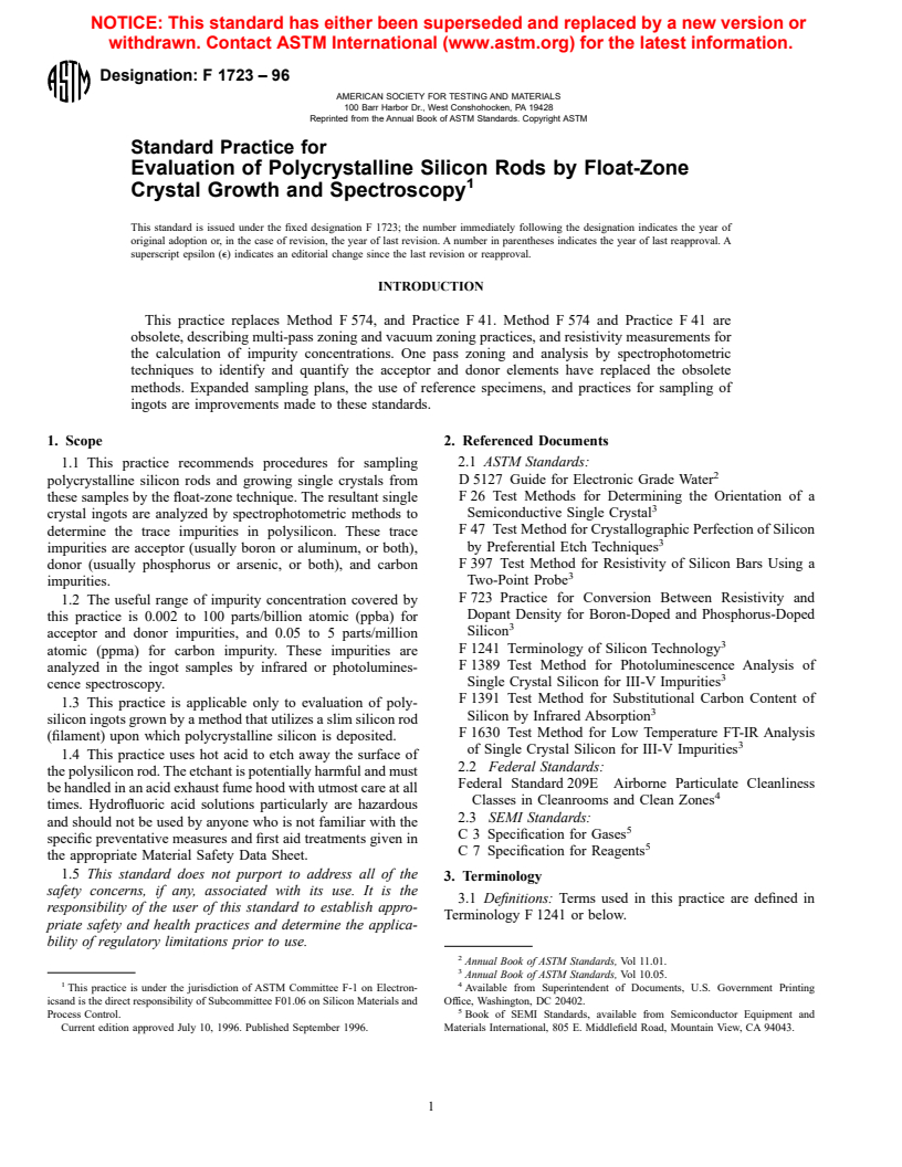 ASTM F1723-96 - Standard Practice for Evaluation of Polycrystalline Silicon Rods by Float-Zone Crystal Growth and Spectroscopy