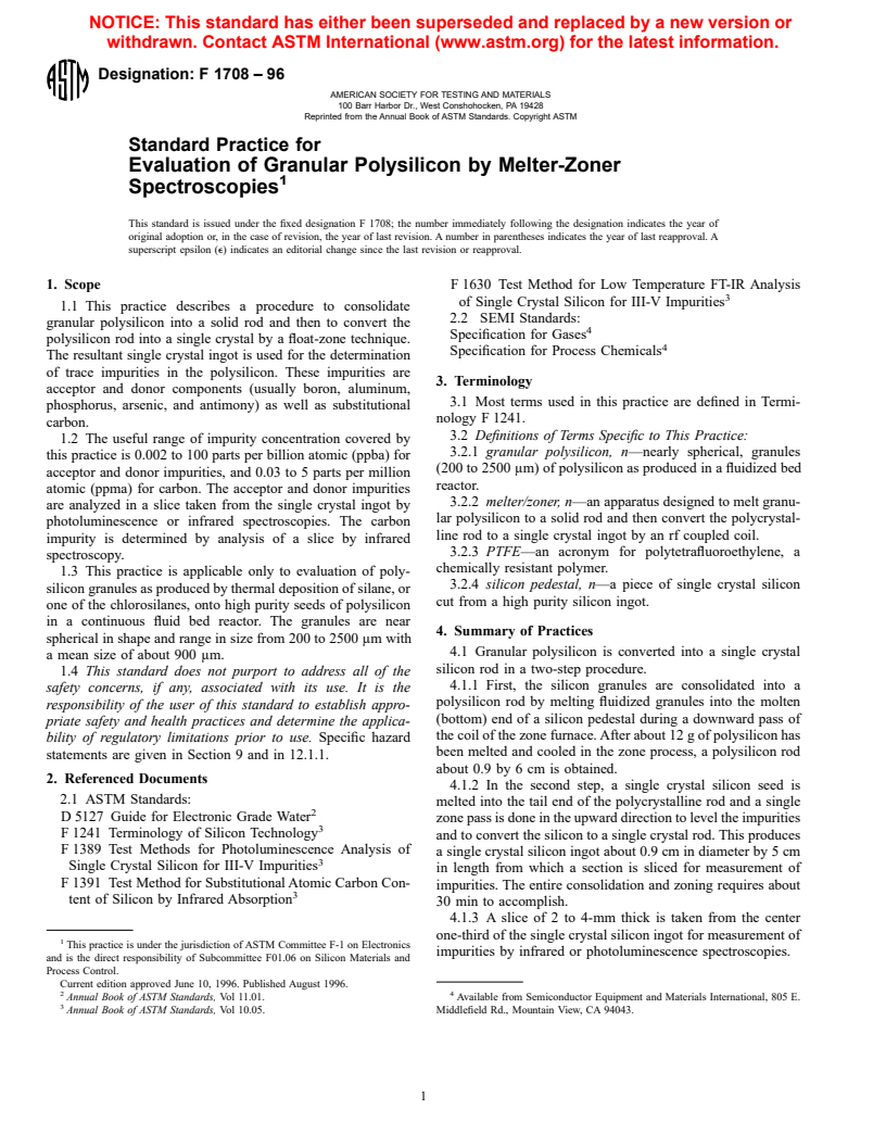 ASTM F1708-96 - Standard Practice for Evaluation of Granular Polysilicon by Meter-Zoner Spectroscopies