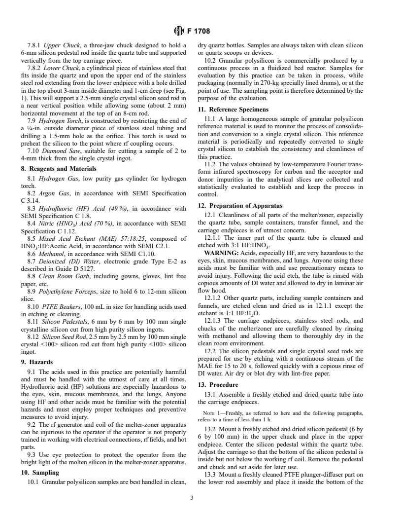 ASTM F1708-96 - Standard Practice for Evaluation of Granular Polysilicon by Meter-Zoner Spectroscopies