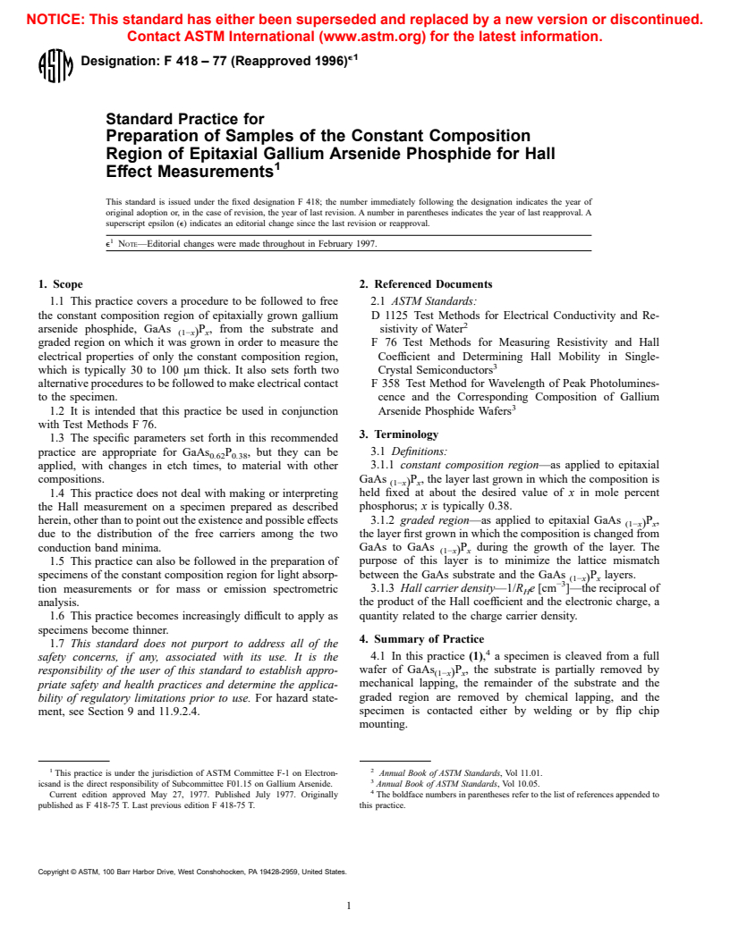 ASTM F418-77(1996)e1 - Standard Practice for Preparation of Samples of the Constant Composition Region of Epitaxial Gallium Arsenide Phosphide for Hall Effect Measurements