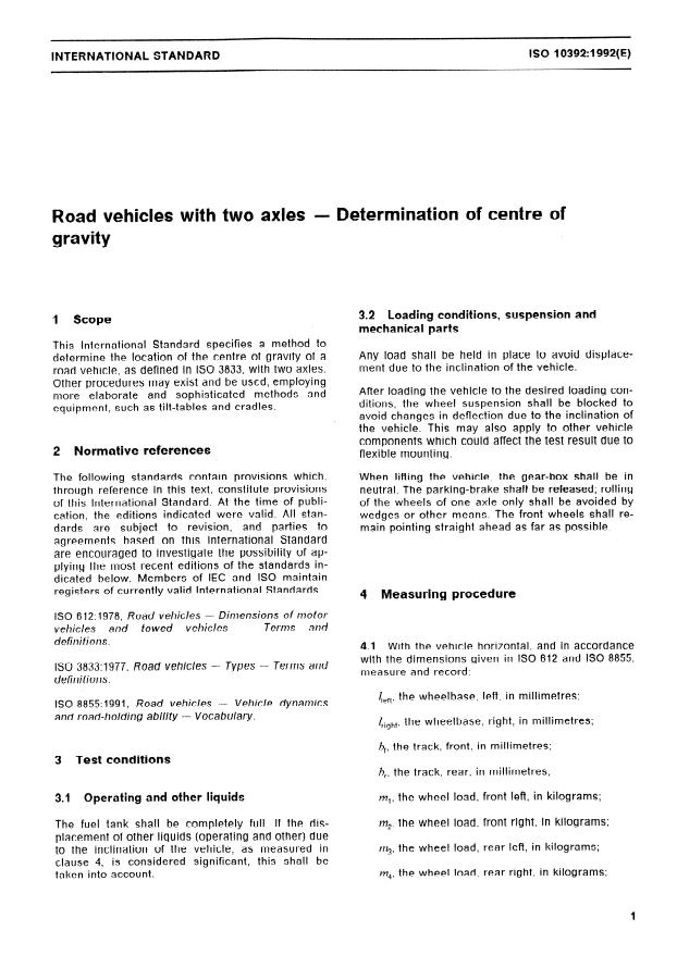 ISO 10392:1992 - Road vehicles with two axles -- Determination of centre of gravity