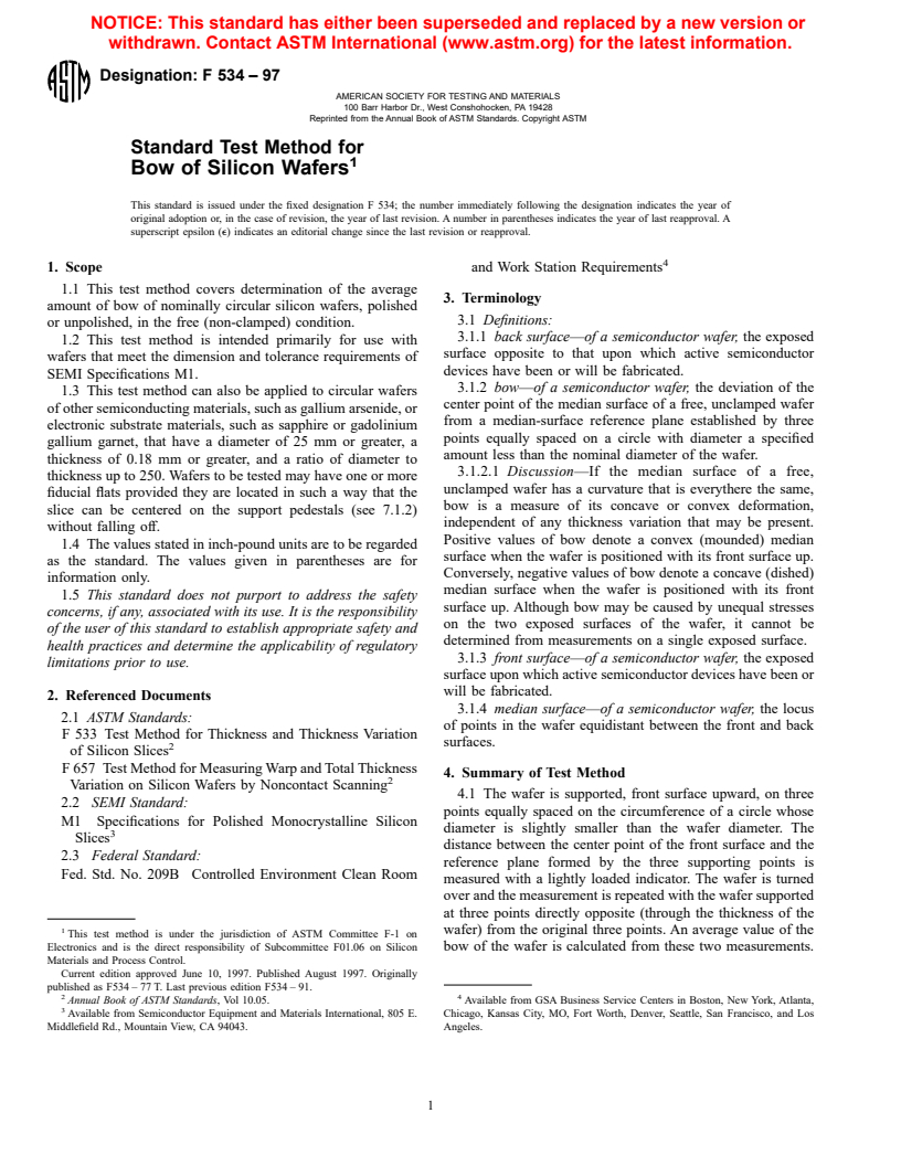 ASTM F534-97 - Standard Test Method for Bow of Silicon Wafers