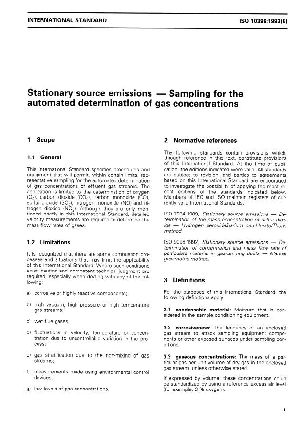 ISO 10396:1993 - Stationary source emissions -- Sampling for the automated determination of gas concentrations