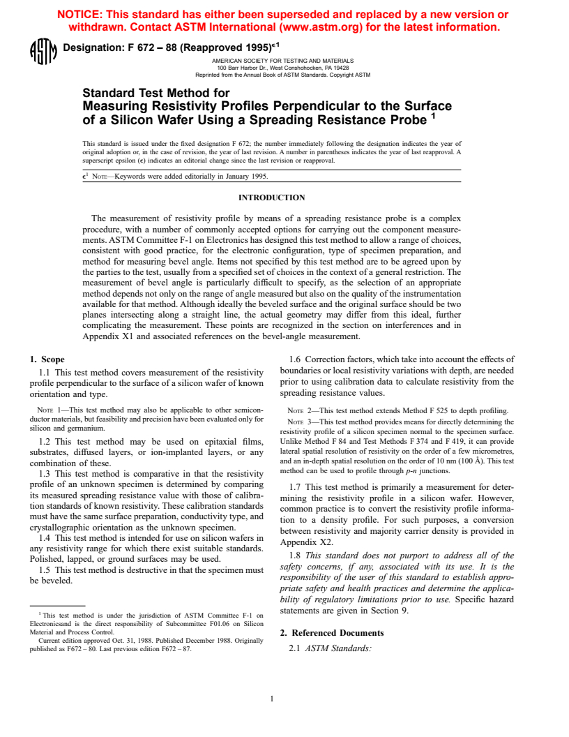 ASTM F672-88(1995)e1 - Standard Test Method for Measuring Resistivity Profiles Perpendicular to the Surface of a Silicon Wafer Using a Spreading Resistance Probe