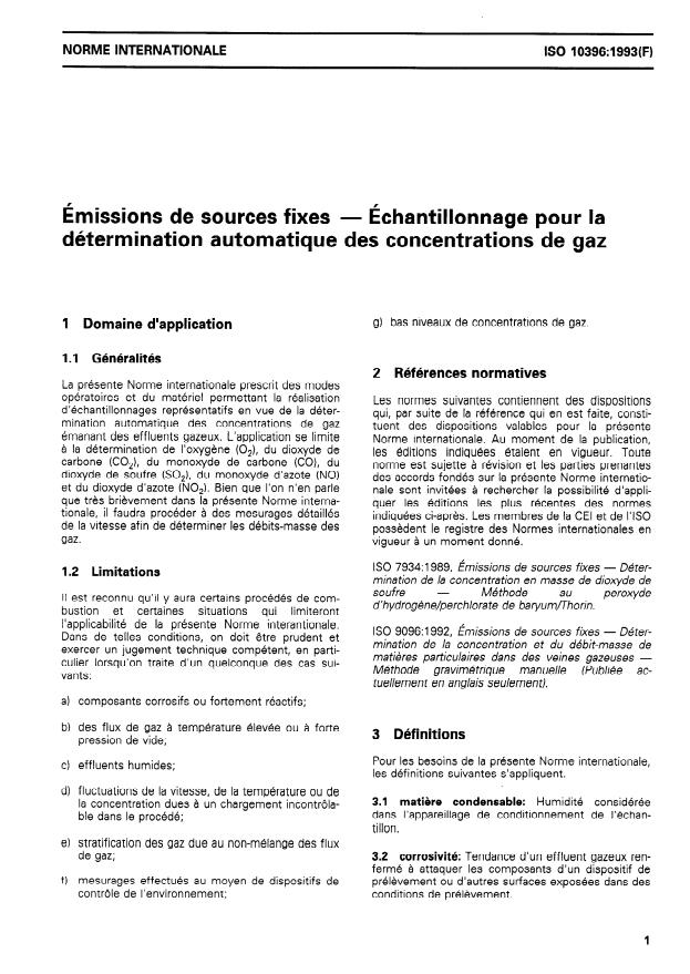 ISO 10396:1993 - Émissions de sources fixes -- Échantillonnage pour la détermination automatique des concentrations de gaz