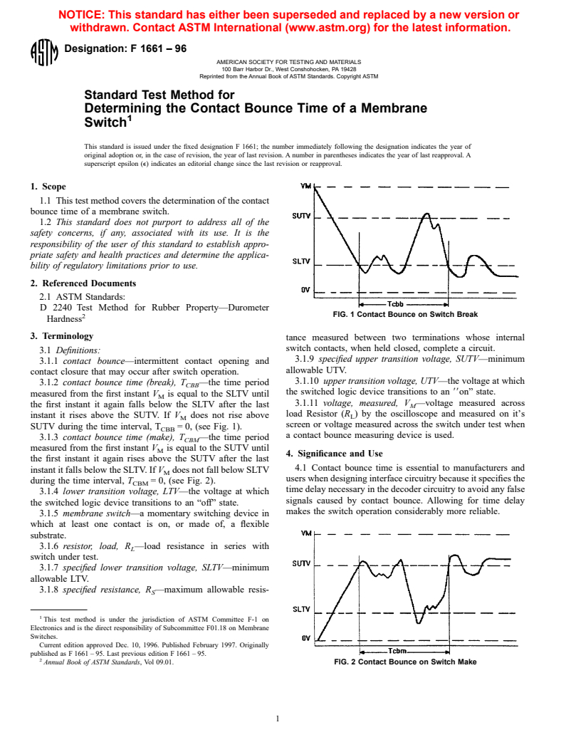 ASTM F1661-96 - Standard Test Method for Determining the Contact Bounce Time of a Membrane Switch