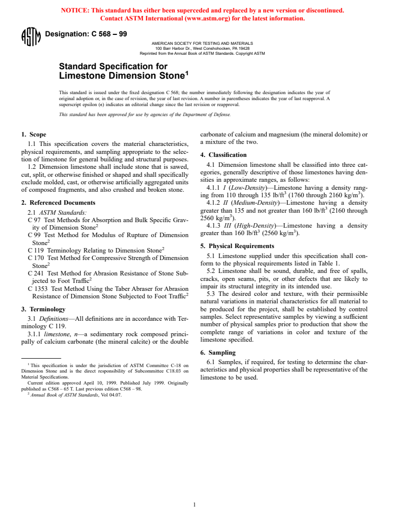 ASTM C568-99 - Standard Specification for Limestone Dimension Stone