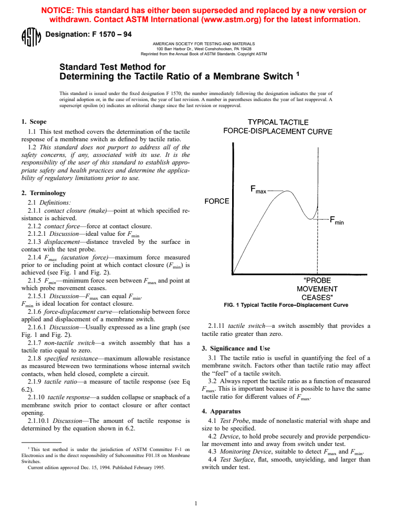 ASTM F1570-94 - Standard Test Method for Determining the Tactile Ratio of a Membrane Switch