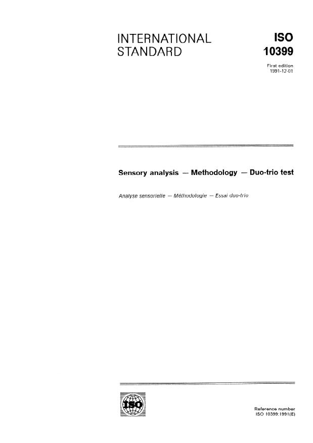 ISO 10399:1991 - Sensory analysis -- Methodology -- Duo-trio test