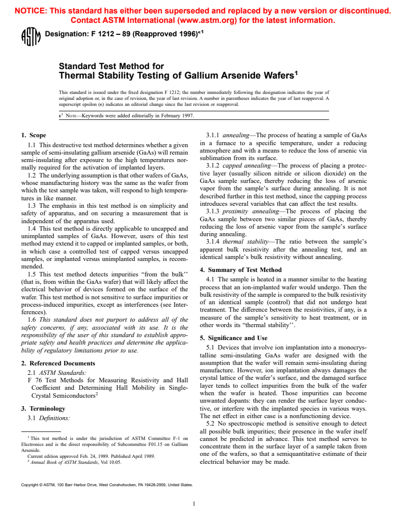 ASTM F1212-89(1996)e1 - Standard Test Method for Thermal Stability Testing of Gallium Arsenide Wafers