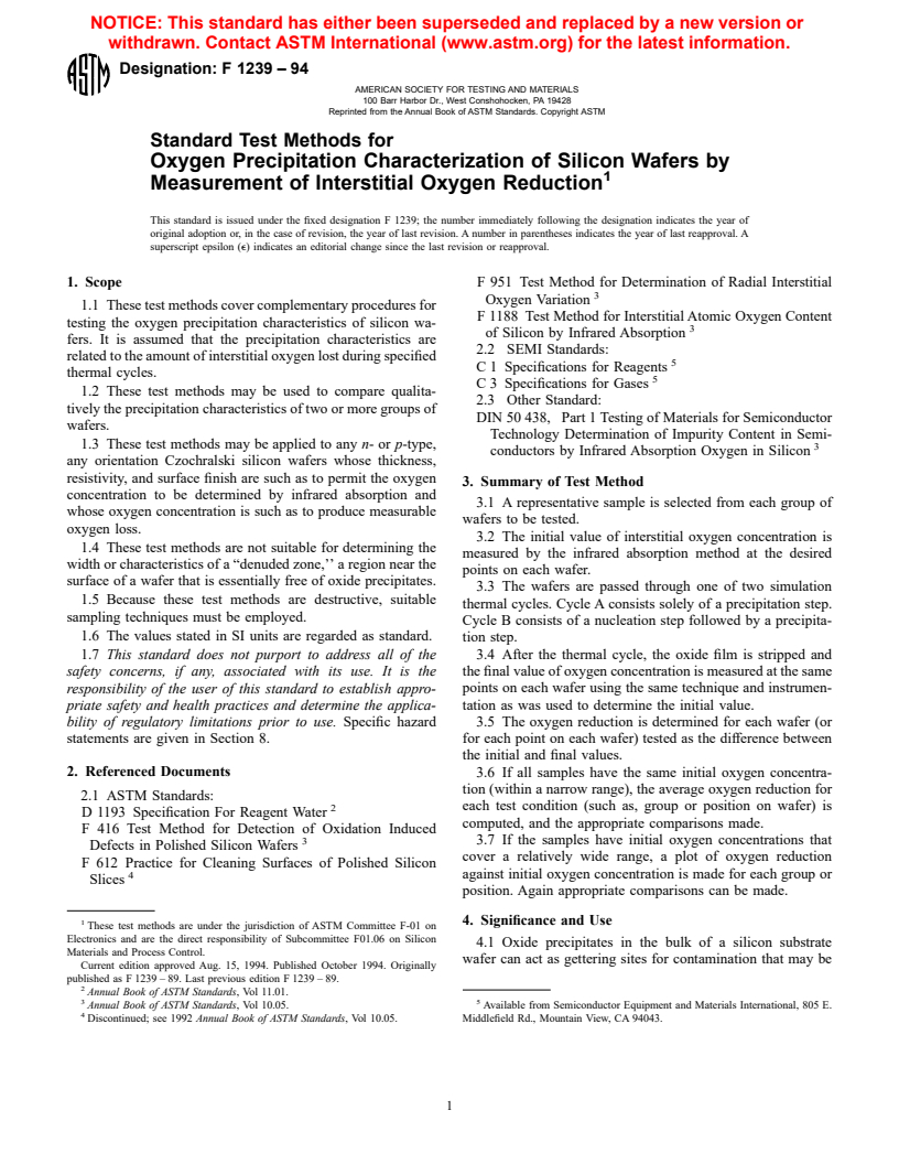 ASTM F1239-94 - Standard Test Methods for Oxygen Precipitation Characterization of Silicon Wafers by Measurement of Interstitial Oxygen Reduction