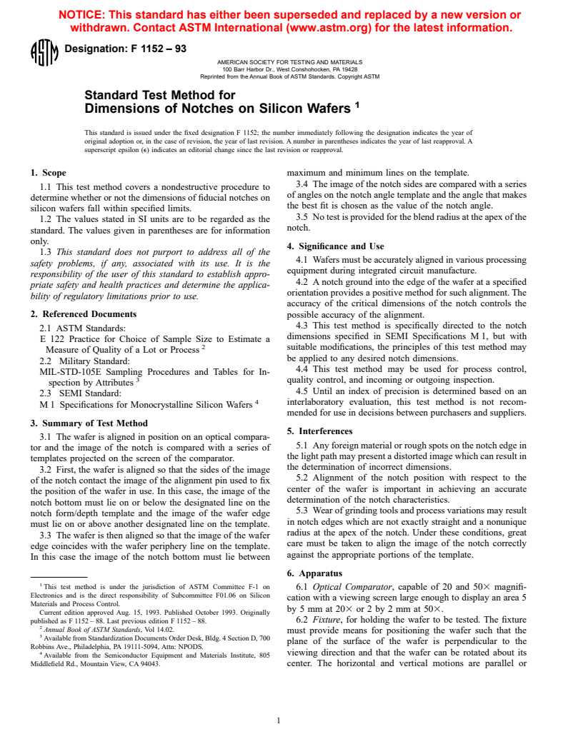 ASTM F1152-93 - Standard Test Method for Dimensions of Notches on Silicon Wafers