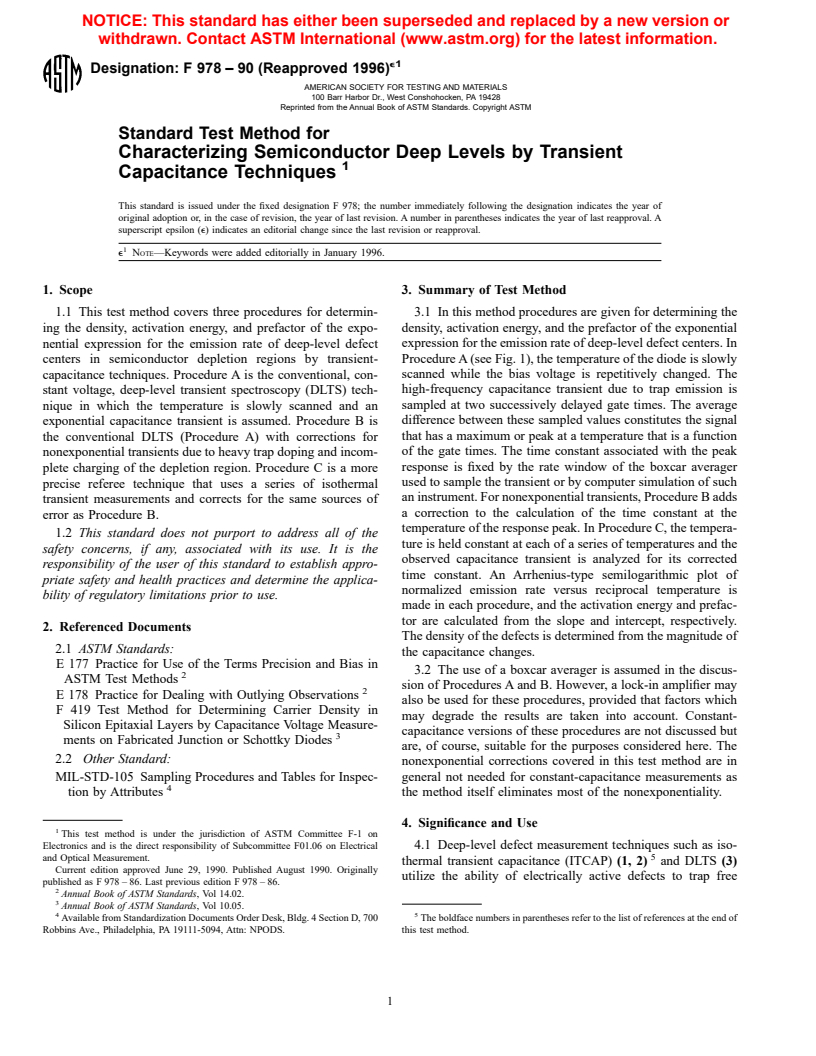 ASTM F978-90(1996)e1 - Standard Test Method for Characterizing Semiconductor Deep Levels by Transient Capacitance Techniques