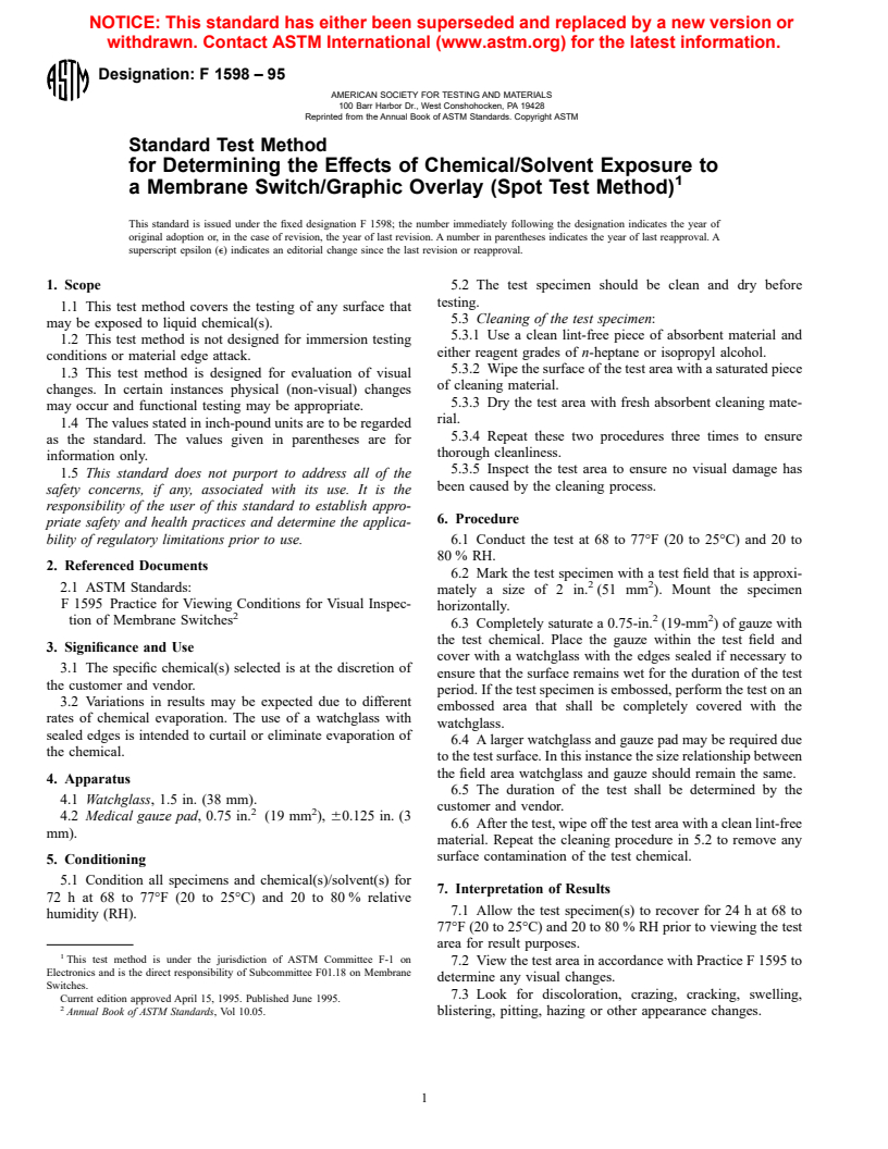 ASTM F1598-95 - Standard Test Method for Determining the Effects of Chemical/Solvent Exposure to a Membrane Switch/Graphic Overlay (Spot Test Method)