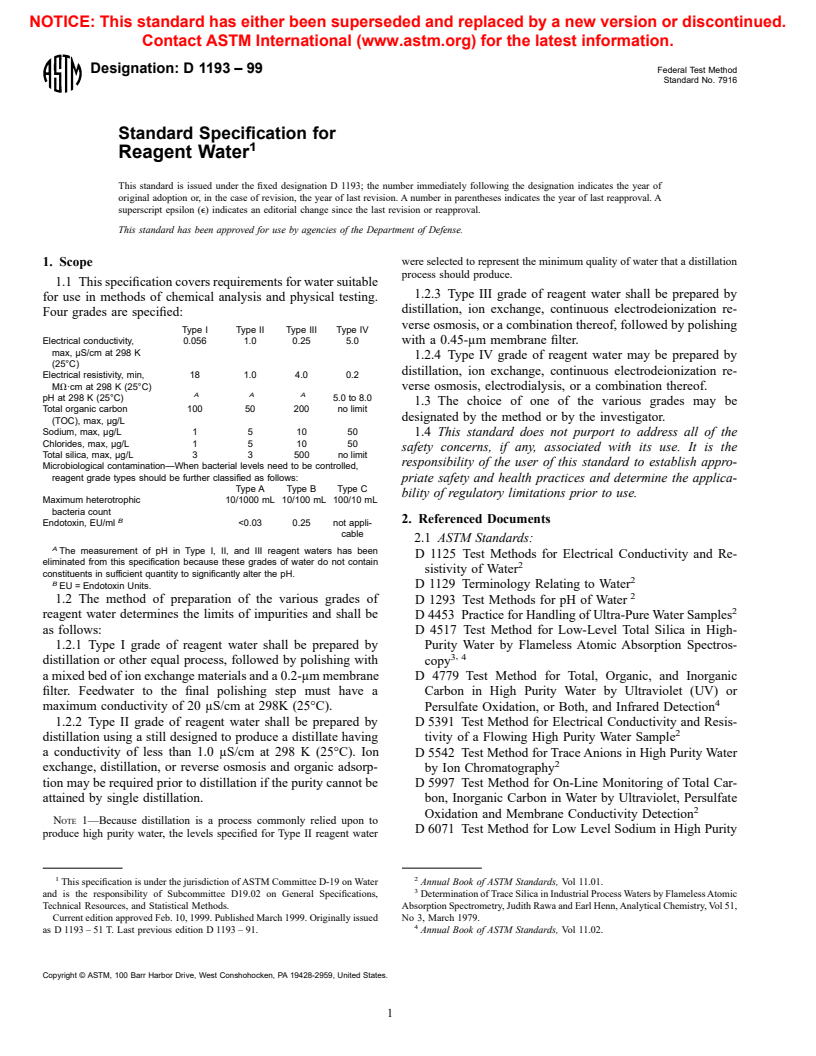 ASTM D1193-99 - Standard Specification for Reagent Water