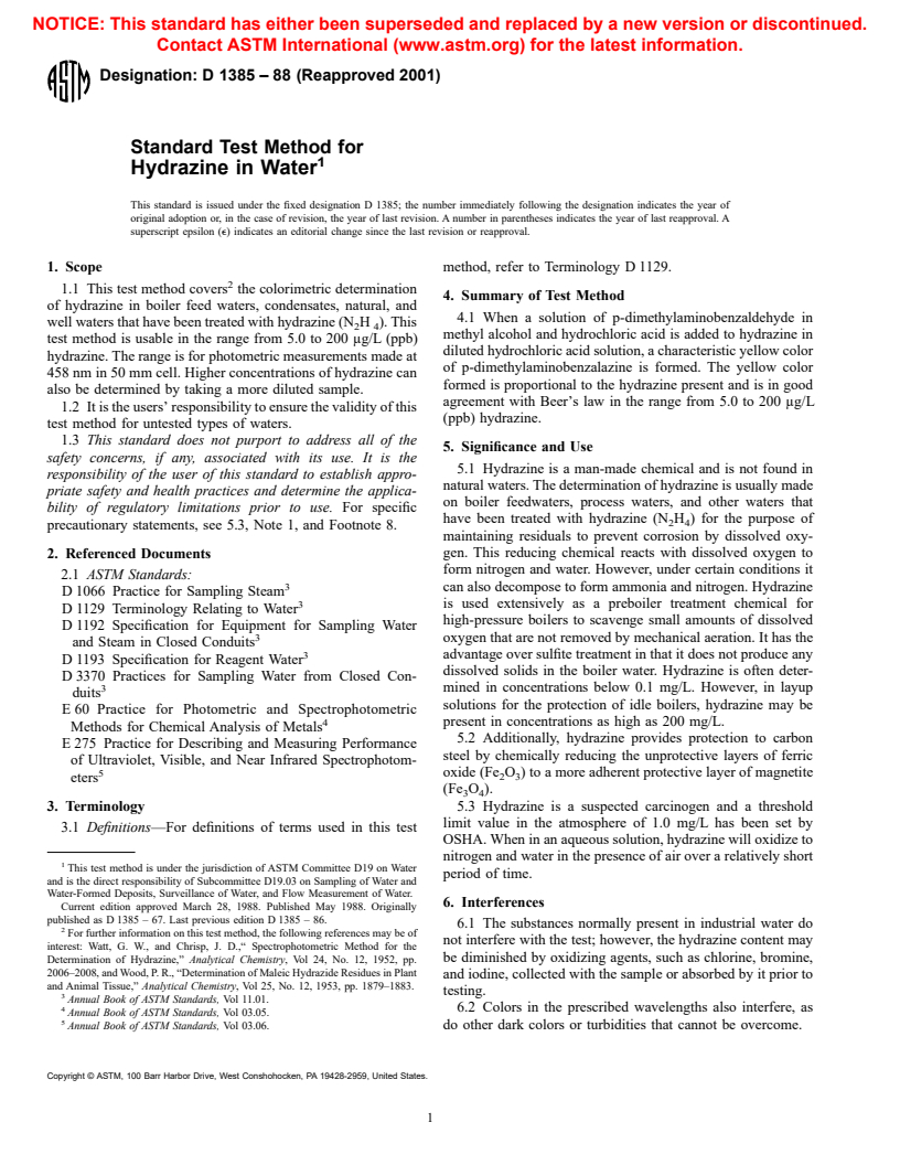 ASTM D1385-88(2001) - Standard Test Method for Hydrazine in Water