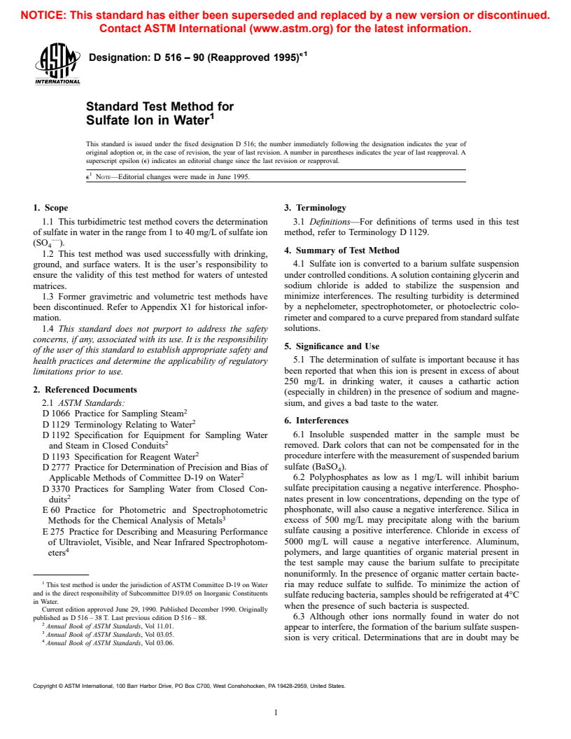 ASTM D516-90(1995)e1 - Standard Test Method for Sulfate Ion in Water