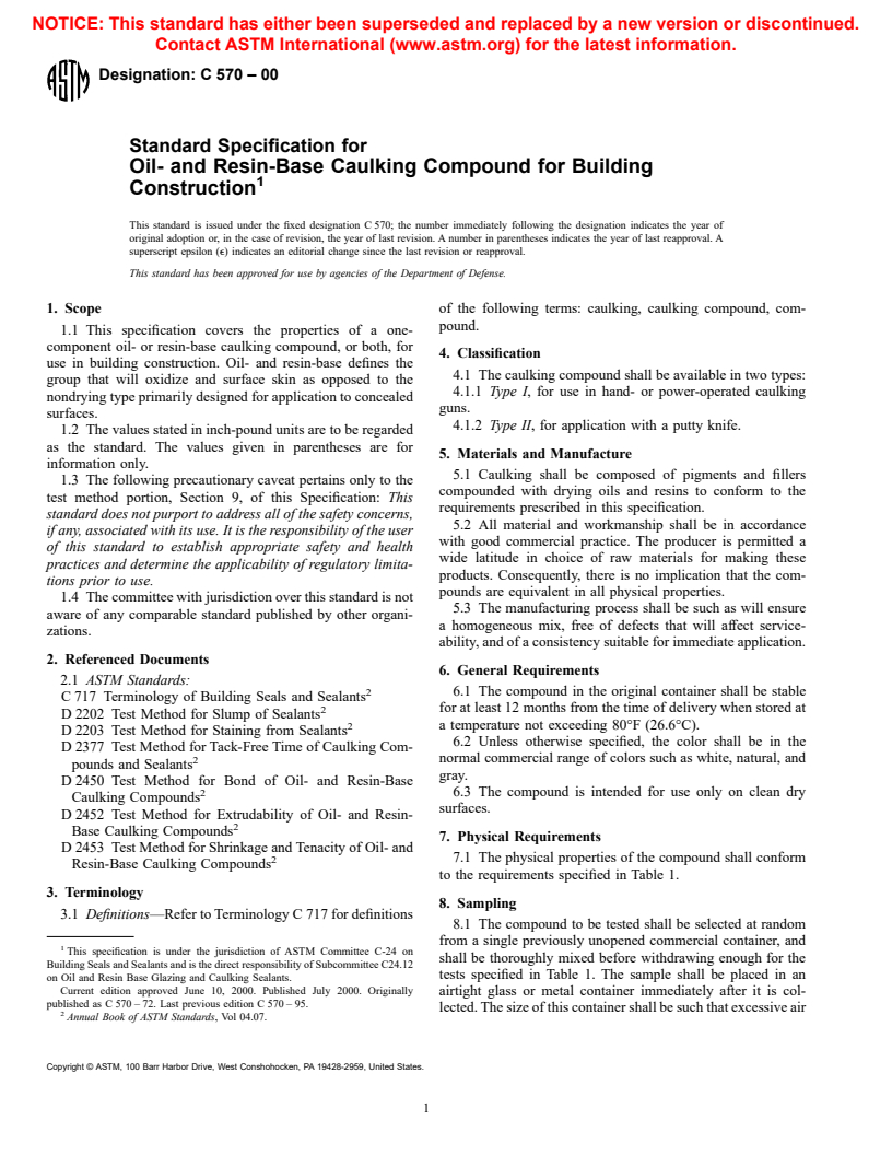 ASTM C570-00 - Standard Specification for Oil- and Resin-Base Caulking Compound for Building Construction (Withdrawn 2002)