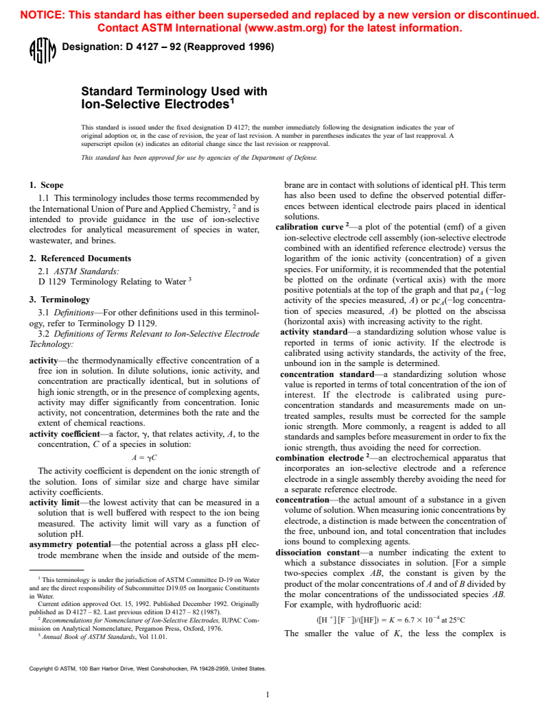 ASTM D4127-92(1996) - Standard Terminology Used with Ion-Selective Electrodes