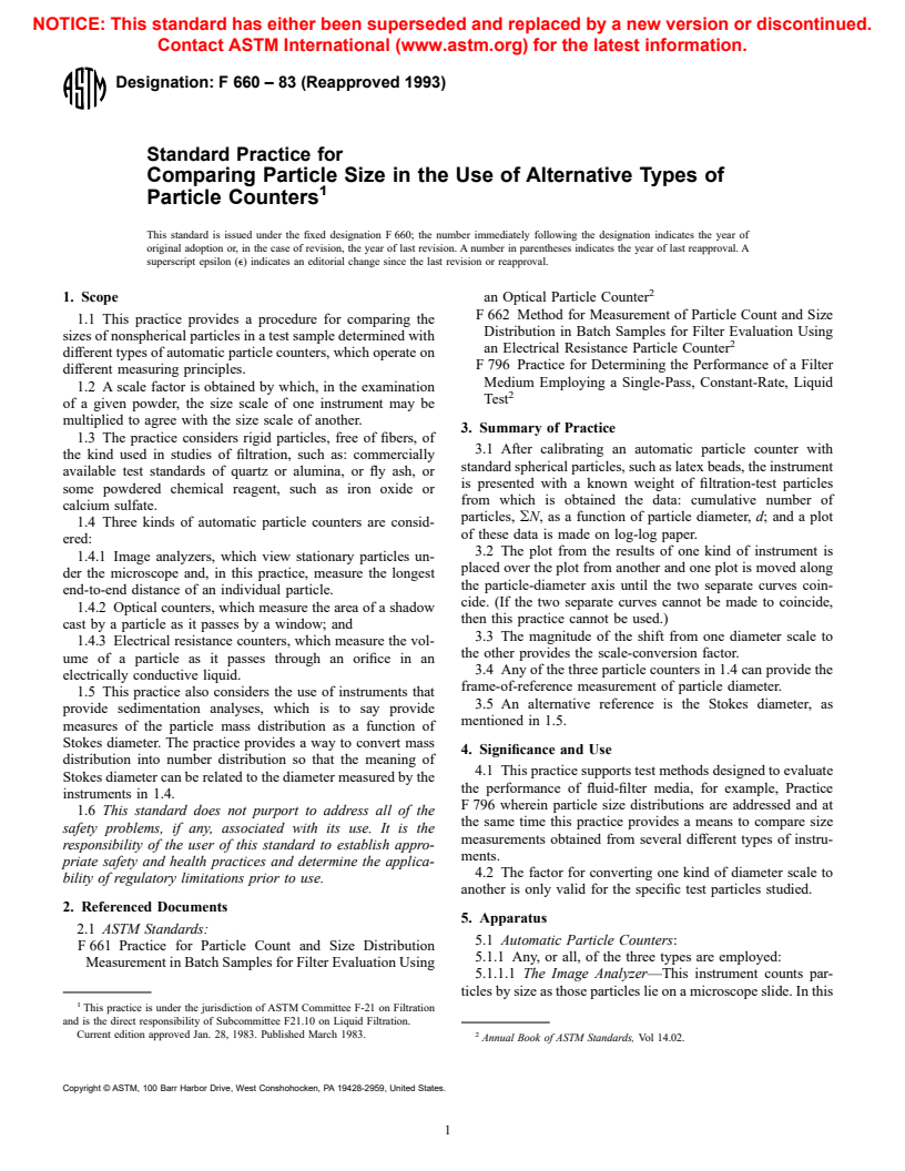 ASTM F660-83(1993) - Standard Practice for Comparing Particle Size in the Use of Alternative Types of Particle Counters