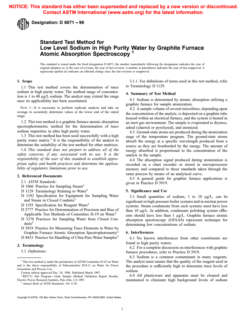 ASTM D6071-96 - Standard Test Method for Low Level Sodium in High Purity Water by Graphite Furnace Atomic Absorption Spectroscopy