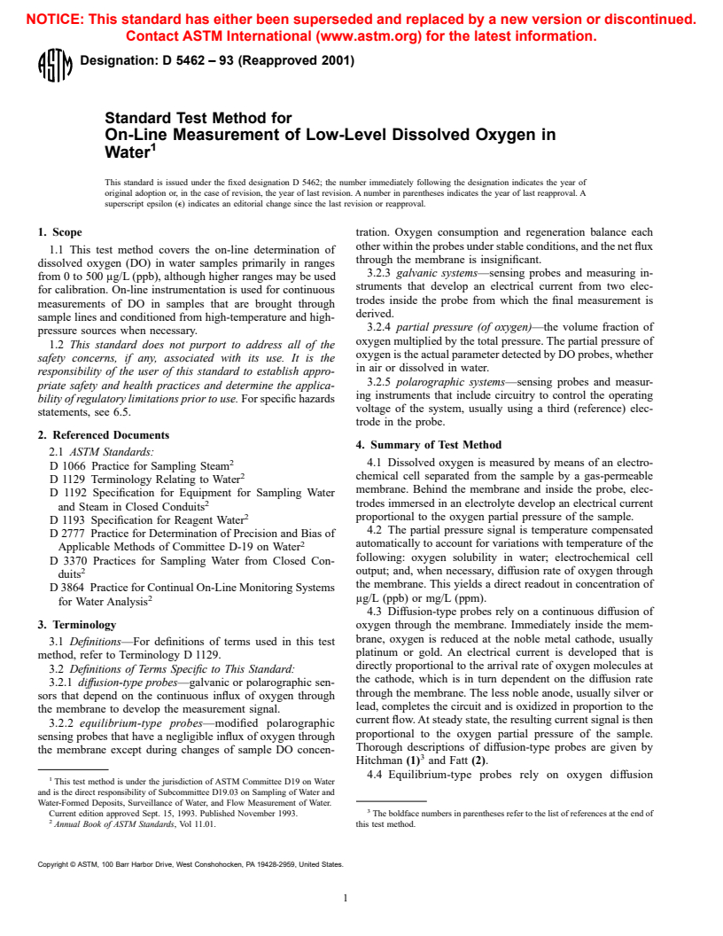 ASTM D5462-93(2001) - Standard Test Method for On-Line Measurement of Low-Level Dissolved Oxygen in Water