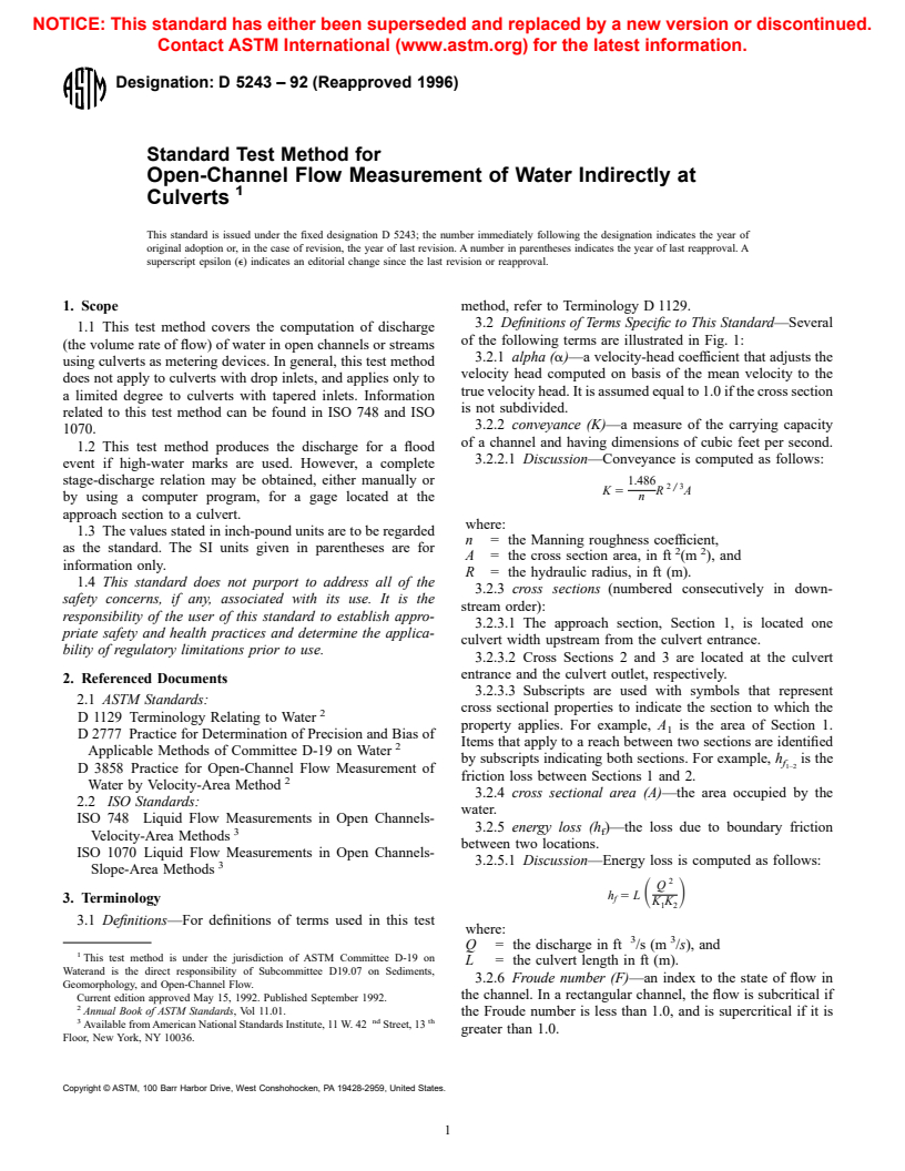 ASTM D5243-92(1996) - Standard Test Method for Open-Channel Flow Measurement of Water Indirectly at Culverts