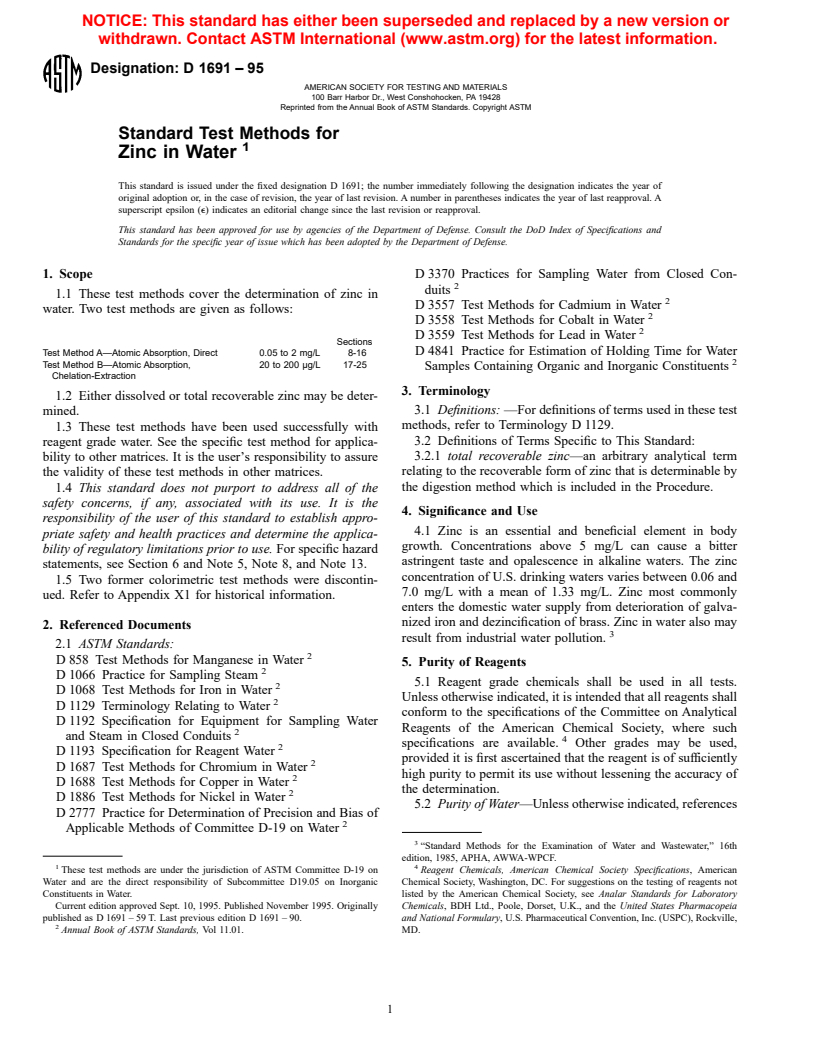 ASTM D1691-95 - Standard Test Methods for Zinc in Water