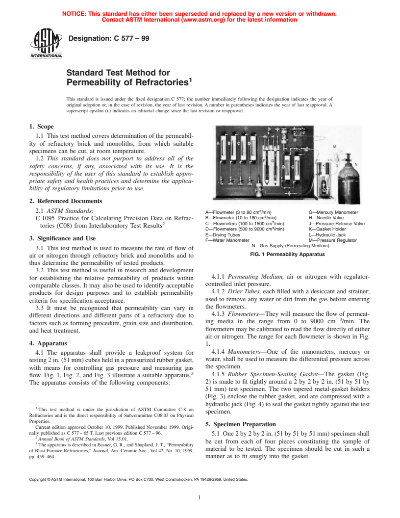 ASTM C577-99 - Standard Test Method for Permeability of Refractories