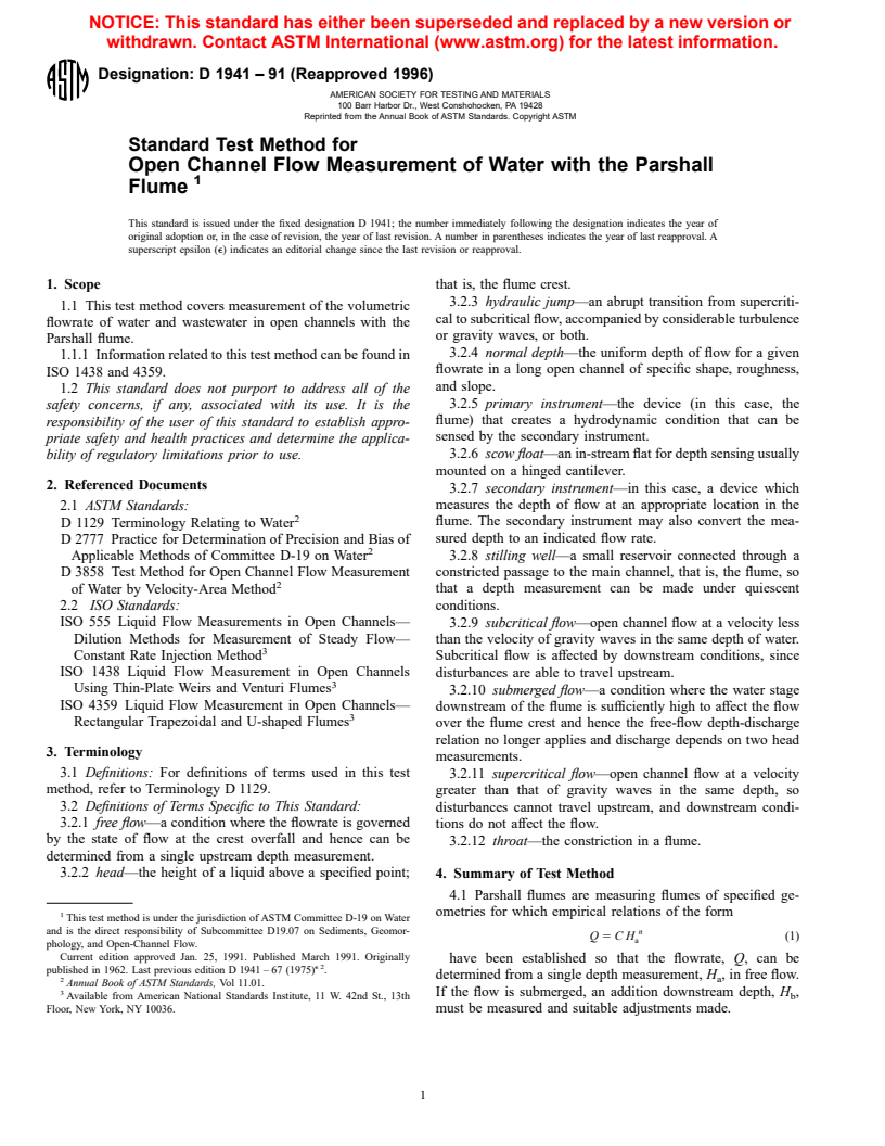 ASTM D1941-91(1996) - Standard Test Method for Open Channel Flow Measurement of Water with the Parshall Flume