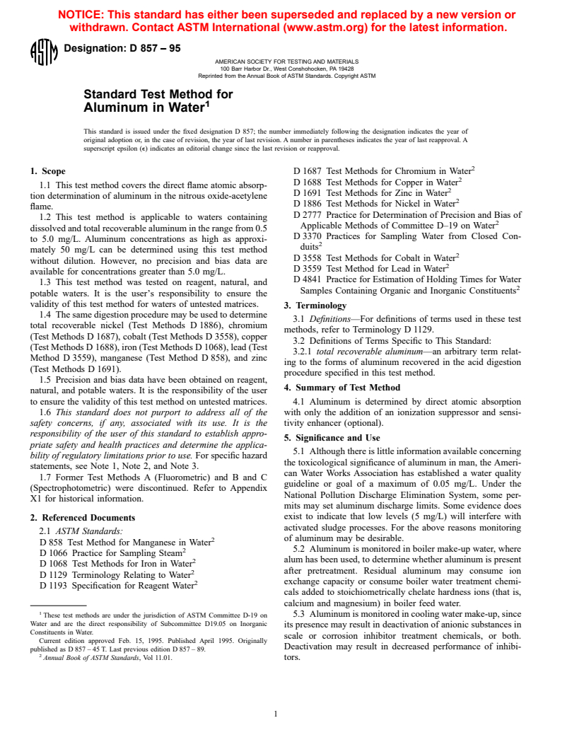 ASTM D857-95 - Standard Test Method for Aluminum in Water