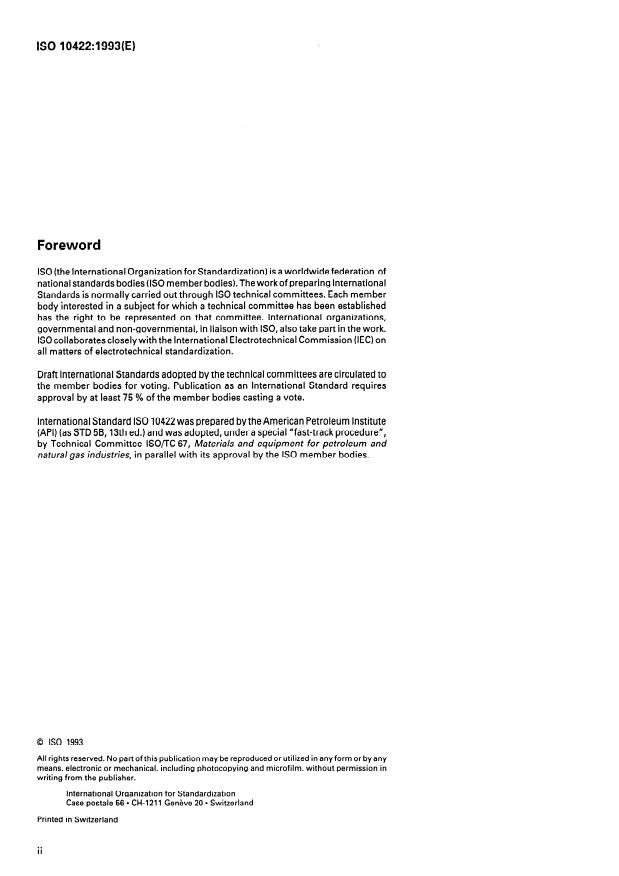 ISO 10422:1993 ISO 10422:1993 - Petroleum and natural gas industries -- Threading, gauging, and thread inspection of casing, tubing and line pipe threads -- Specification - Page 2 preview