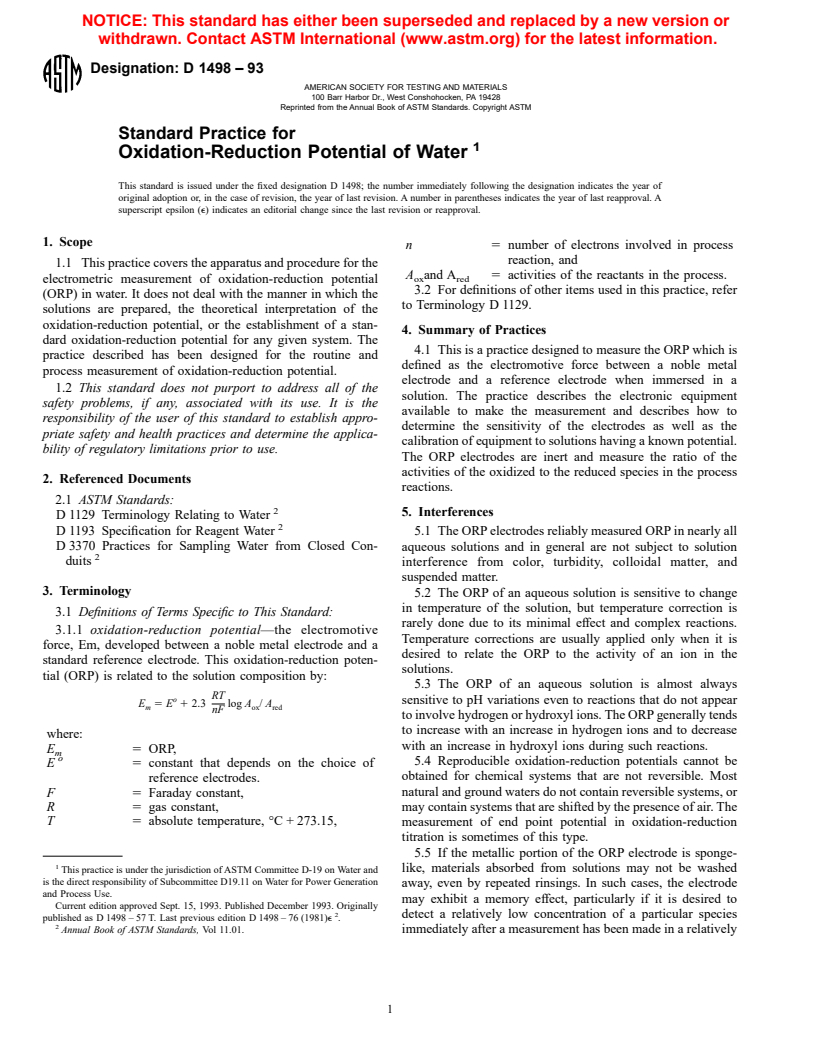 ASTM D1498-93 - Standard Practice for Oxidation-Reduction Potential of Water