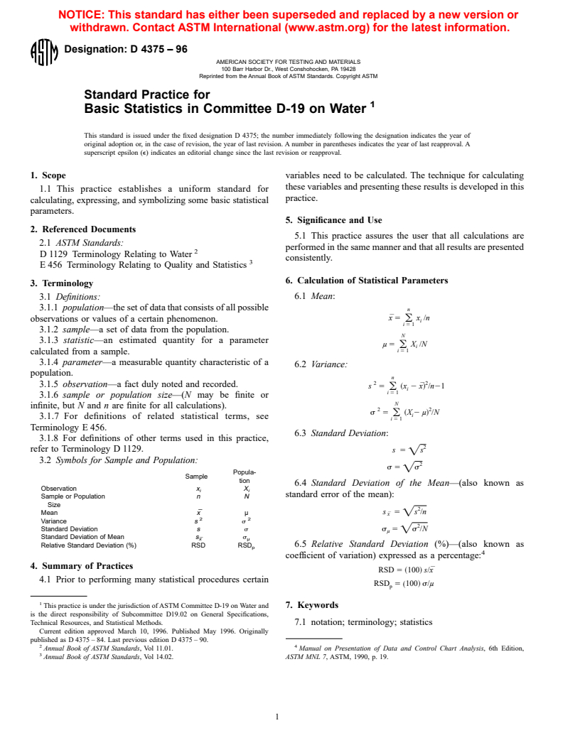 ASTM D4375-96 - Standard Practice for Basic Statistics in Committee D-19 on Water