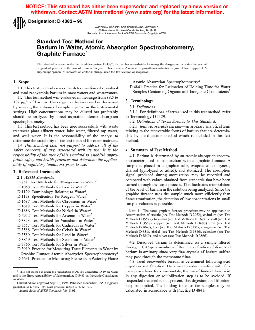 ASTM D4382-95 - Standard Test Method for Barium in Water, Atomic Absorption Spectrophotometry, Graphite Furnace